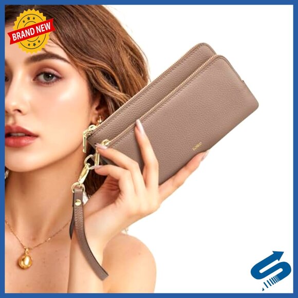 Leather RFID Wristlet Wallet, Slim Clutch with Card Slots, Compact Travel Purse